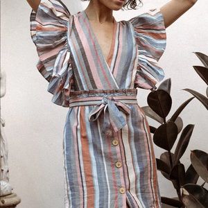 SAYLOR Lissie Striped Dress with Ruffle Sleeves and Tie Waist.